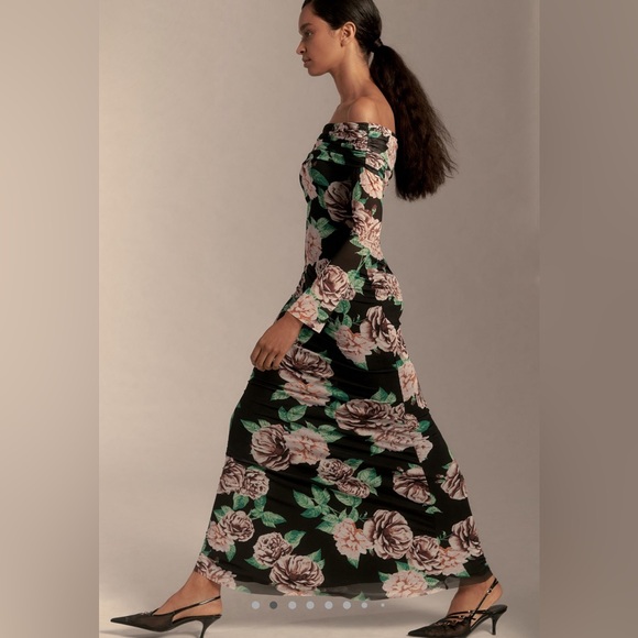 WITH TAGS AFRM LONG SLEEVE OFF THE SHOULDER MESH MAXI DRESS in BLK MOTIF sz S - Picture 2 of 11